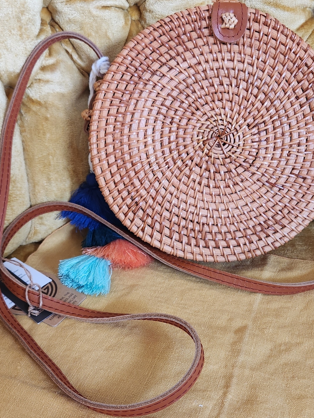 Round Woven Crossbody Bag in Tan with Colorful Tassels